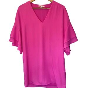 Miami Hot Pink Tiered Flutter Sleeve V-Neck Blouse Tunic Small Preppy Resort